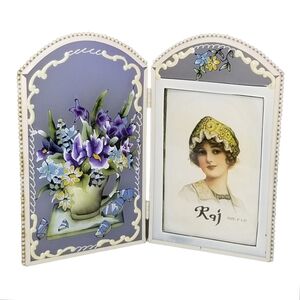 Hinged Folding Ivory Metal Picture Frame 4”x6” Painted‎ Purple Irises